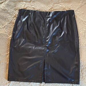 Black Faux Leather Pencil Skirt with front slit